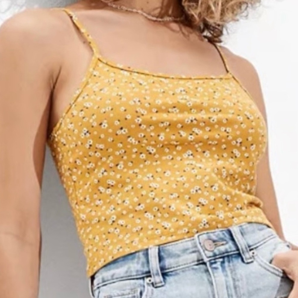 American Eagle Mustard Yellow and White Floral Spaghetti Strap Top